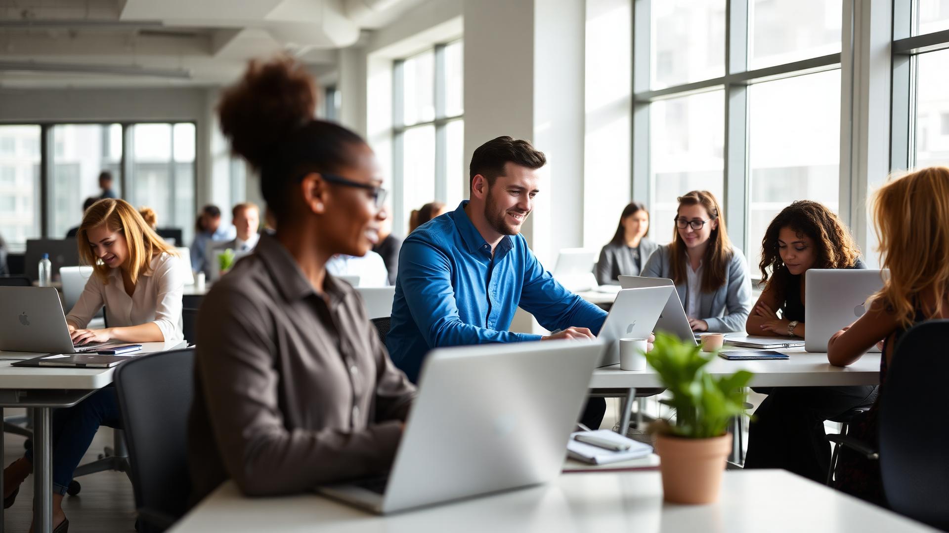 Modern office workspace with professionals collaborating